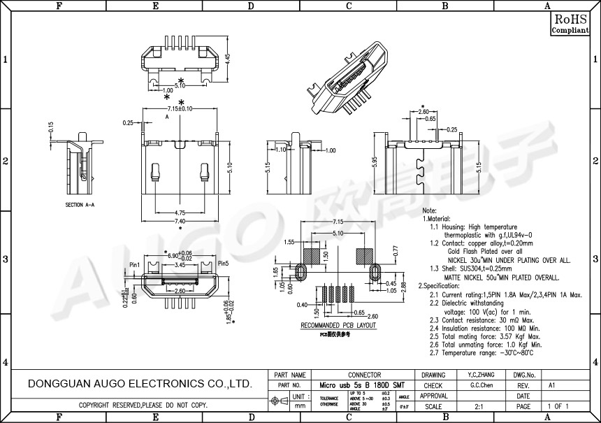 Micro usb 5s B 180D SMT