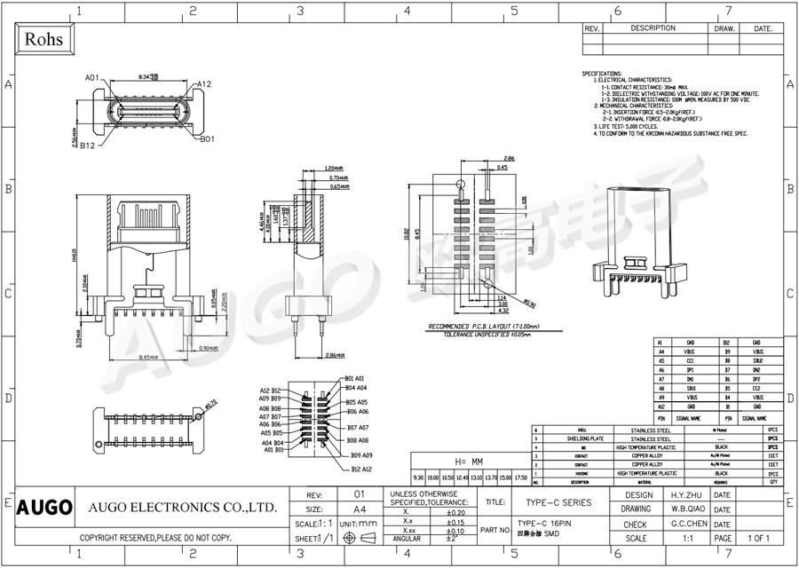 TYPE-C 16PIN 母座 H12.4mm尺寸图