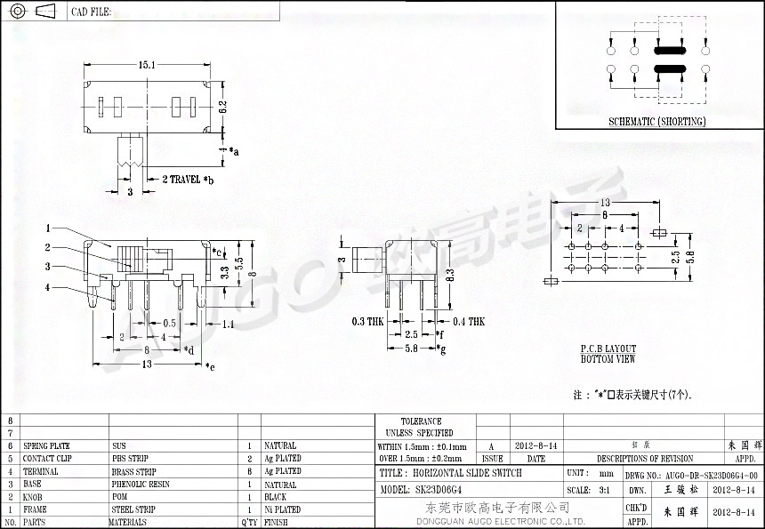 SK拨动开关 SK-23D06尺寸图