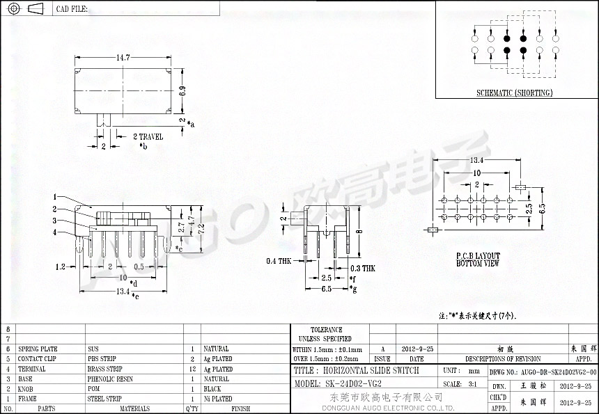 SK拨动开关 SK-24D02尺寸图