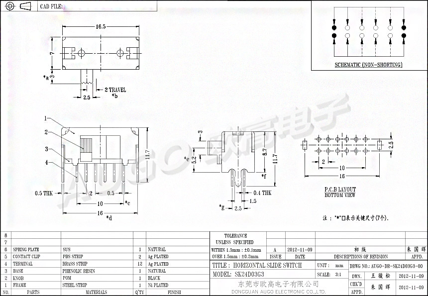 SK拨动开关 SK-24D03尺寸图