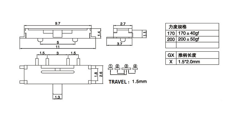 微型拨动开关尺寸图